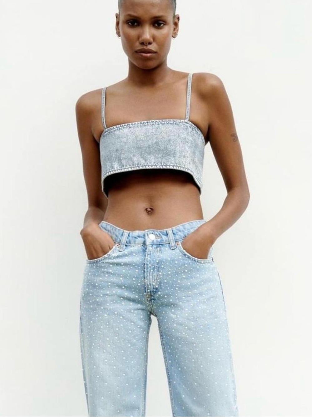 NWT ZARA Denim Crop Tank Top with silver embellishment